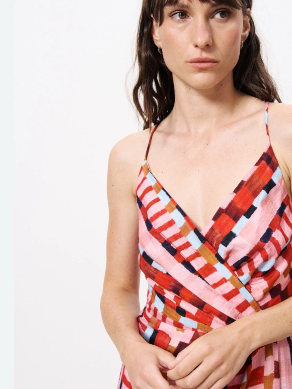 FRNCH AELIG Spatula Striped check Midi Dress Wrap Front Cut Out Back resortwear - Picture 6 of 8